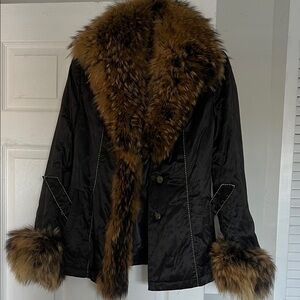 Luxurious Black and Brown Fur-Trimmed Women's Coat